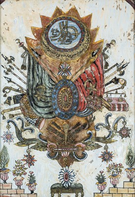 Lot 225 - A REVERSE GLASS PAINTING OF THE OTTOMAN COAT OF ARMS, JAVA, INDONESIA, EARLY 20TH CENTURY