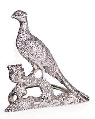 Lot 249 - A SET OF FOUR GEORGE V SILVER 'PHEASANT' CARD HOLDERS