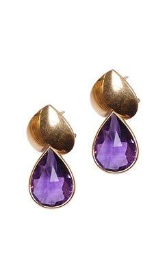 Lot 312 - PAIR OF EIGHTEEN CARAT GOLD AND AMETHYST EAR PENDANTS