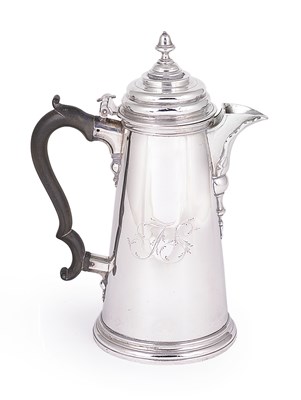 Lot 373 - AN ENGLISH PROVINCIAL GEORGE II SILVER CHOCOLATE POT