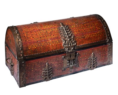 Lot 735 - A LARGE PAINTED WOOD DOWRY CHEST, KERALA, SOUTH INDIA, CIRCA 1900