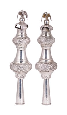 Lot 395 - A PAIR OF GEORGE V SILVER TORAH FINIALS (RIMMONIM)