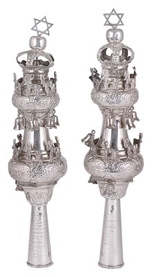 Lot 396 - A PAIR OF GEORGE V SILVER TORAH FINIALS (RIMMONIM)