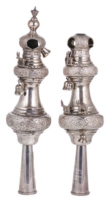 Lot 397 - A PAIR OF GEORGE V SILVER TORAH FINIALS (RIMMONIM)