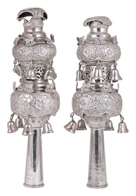 Lot 398 - A PAIR OF GEORGE V SILVER TORAH FINIALS (RIMMONIM)