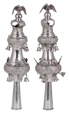 Lot 399 - A PAIR OF GEORGE V SILVER TORAH FINIALS (RIMMONIM)