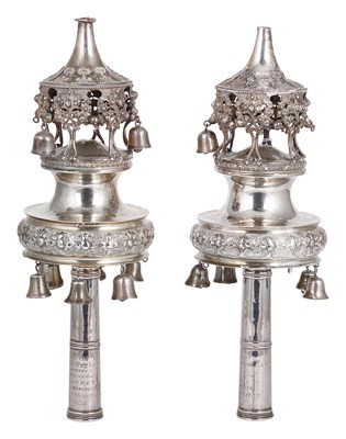 Lot 400 - A PAIR OF VICTORIAN SILVER TORAH FINIALS (RIMMONIM)