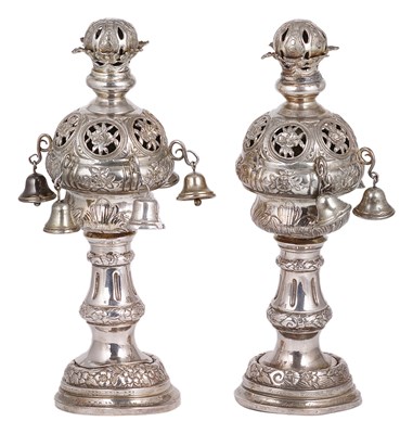 Lot 403 - A PAIR OF AUSTRO-HUNGARIAN SILVER TORAH FINIALS (RIMMONIM)