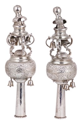 Lot 404 - A PAIR OF GEORGE V SILVER TORAH FINIALS (RIMMONIM)