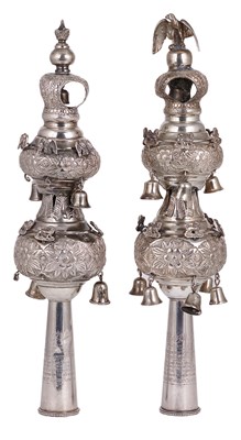 Lot 406 - A PAIR OF GEORGE V SILVER TORAH FINIALS (RIMMONIM)