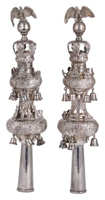 Lot 407 - A PAIR OF EDWARDIAN SILVER TORAH FINIALS (RIMMONIM)