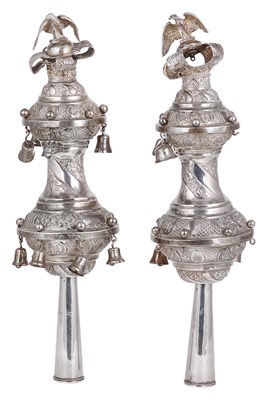 Lot 408 - A PAIR OF GEORGE V SILVER TORAH FINIALS (RIMMONIM)