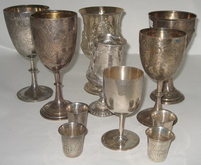 Lot 429 - SEVEN ASSORTED VICTORIAN SILVER PEDESTAL GOBLETS OR KIDDUSH CUPS