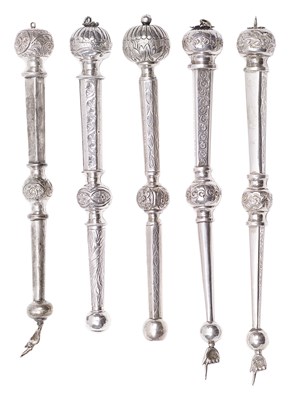 Lot 432 - FIVE ENGLISH SILVER TORAH POINTERS (YAD)