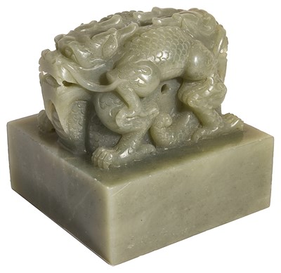 Lot 36 - A CHINESE CELADON JADE 'DRAGON' SEAL