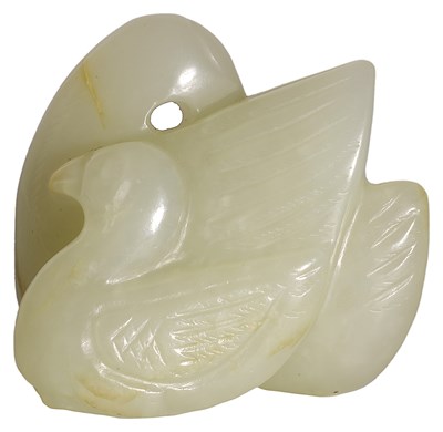 Lot 37 - A CHINESE CELADON JADE GOOSE AND GOSLING