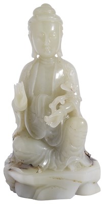 Lot 41 - A LARGE CHINESE PALE CELADON JADE FIGURE OF GUANYIN