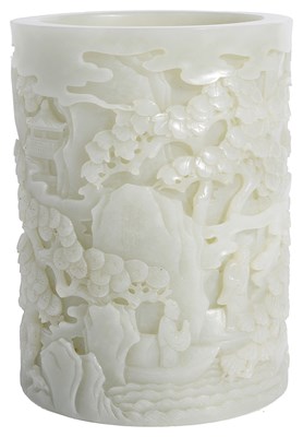 Lot 42 - A CHINESE CELADON JADE 'LANDSCAPE' BRUSHPOT