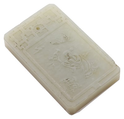 Lot 56 - A CHINESE CELADON JADE 'SHOULAO' PLAQUE