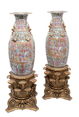 Lot 28 - A LARGE PAIR OF CANTON FAMILLE-ROSE BALUSTER VASES, QING DYNASTY, 19TH CENTURY