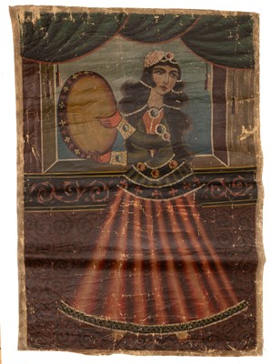 Lot 516 - A QAJAR PAINTING OF A WOMAN PLAYING A FRAME DRUM (DAF), PERSIA, 19TH CENTURY