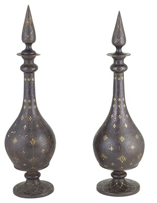 Lot 182 - â€¡ A PAIR OF QAJAR STEEL BOTTLES