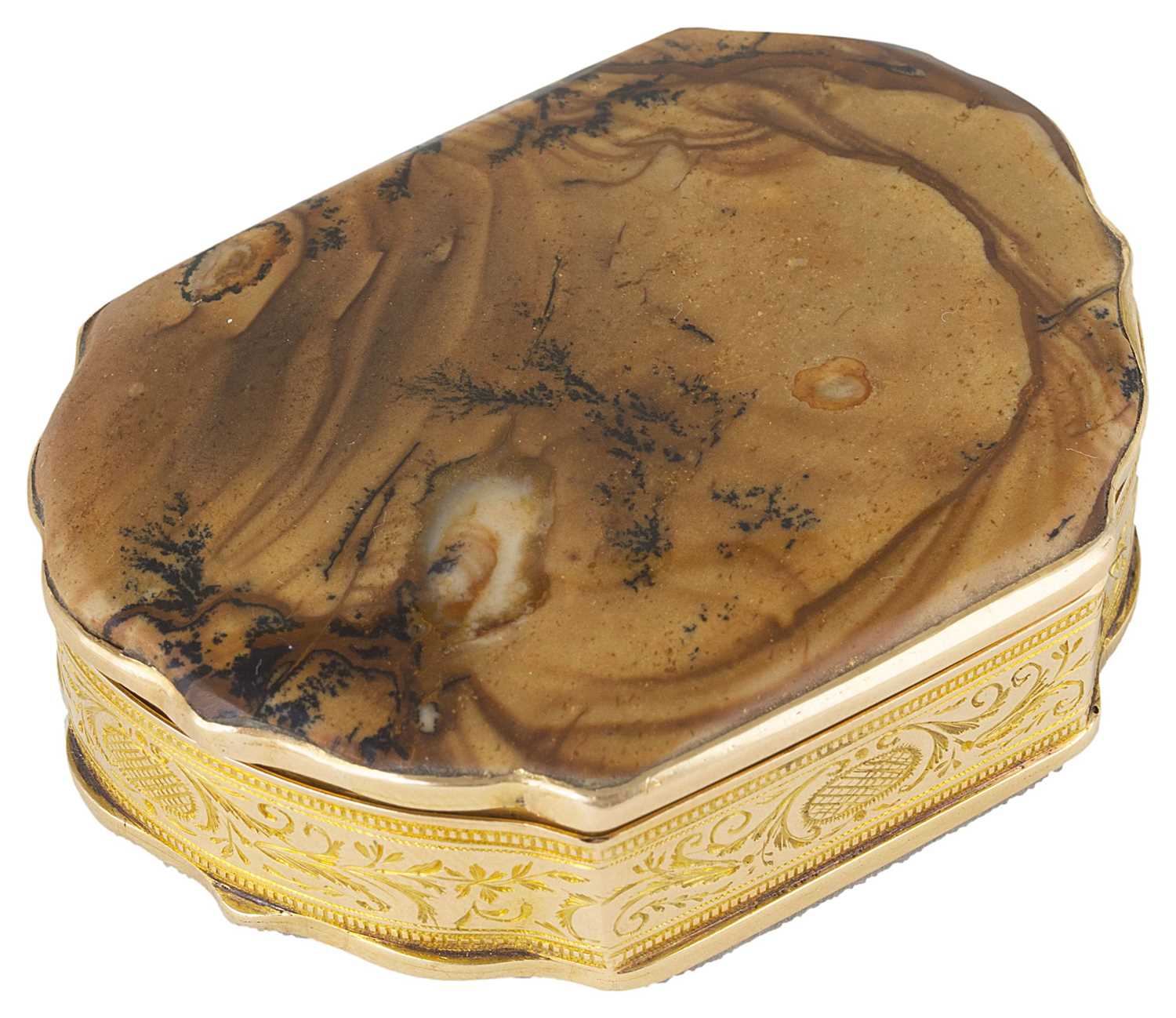Lot 537 - A GOLD-MOUNTED AGATE SNUFF BOX