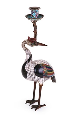 Lot 56 - A CHINESE CLOISONNE ENAMEL STORK CANDLE HOLDER