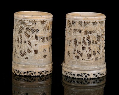 Lot 68 - A PAIR OF CHINESE IVORY VASES, CANTON