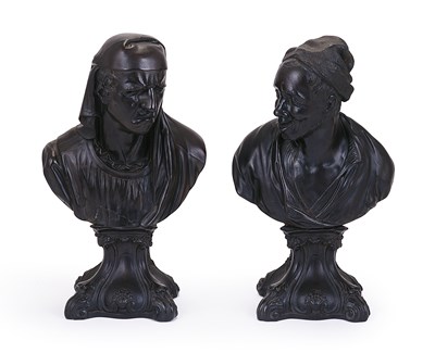 Lot 87 - A PAIR OF BLACK BASALT PORTRAIT BUSTS OF HERACLITUS AND DEMOCRITUS