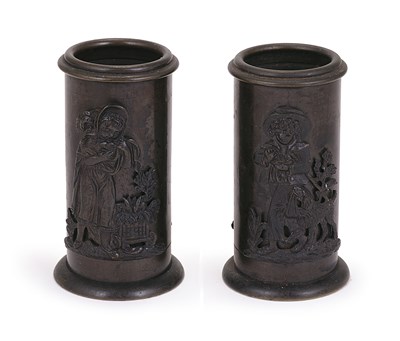 Lot 93 - A PAIR OF PATINATED BRONZE SPILL VASES