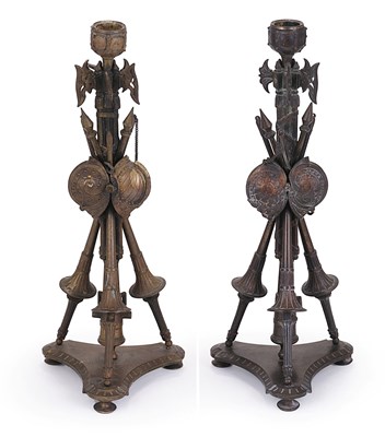 Lot 95 - A PAIR OF FRENCH BRONZE 'MILITARY TROPHY' CANDLESTICKS