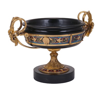 Lot 97 - A FRENCH SLATE, GILT-BRONZE AND ENAMEL TAZZA