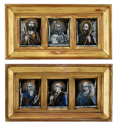 Lot 109 - A SET OF FIVE FRENCH ENAMEL PLAQUES OF SAINTS