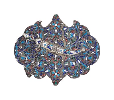 Lot 122 - A RUSSIAN CLOISONNE ENAMEL SILVER BELT BUCKLE