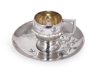 Lot 123 - A RUSSIAN SILVER CUP AND SAUCER