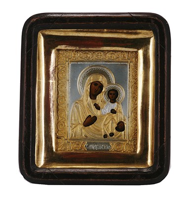 Lot 125 - A SMALL RUSSIAN PARCEL-GILT-SILVER ICON OF THE SMOLENSK MOTHER OF GOD