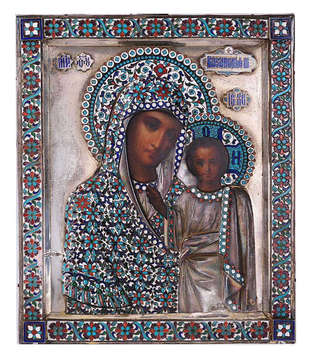 Lot 128 - A RUSSIAN SILVER AND CLOISONNE ENAMEL ICON OF THE KAZAN MOTHER OF GOD