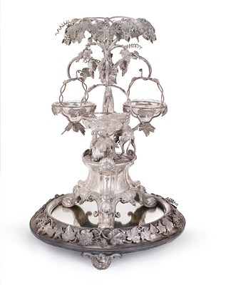 Lot 214 - A VICTORIAN ELECTROPLATE CENTREPIECE AND MIRROR PLATEAU