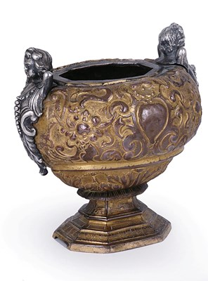 Lot 256 - AN ITALIAN COPPER-GILT AND SILVER ALTAR VASE