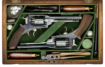 Lot 490 - TWO FINE CASED 54 BORE DEANE-HARDING PATENT FIVE SHOT DOUBLE ACTION PERCUSSION REVOLVERS, NOS. 7079L AND 15349P