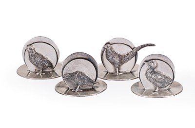 Lot 356 - A SET OF FOUR GEORGE V SILVER 'GAME BIRD' CARD HOLDERS