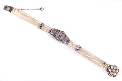 Lot 414 - LADY'S DIAMOND AND FRESHWATER PEARL WATCH