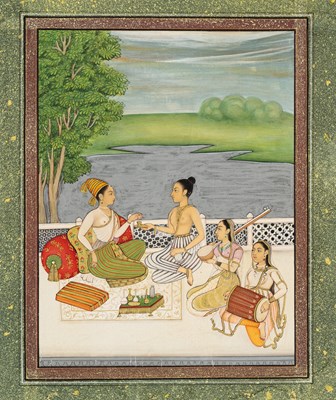 Lot 707 - TWO COURTESANS ON A TERRACE,, PROVINCIAL MUGHAL, NORTHERN INDIA, CIRCA 1800