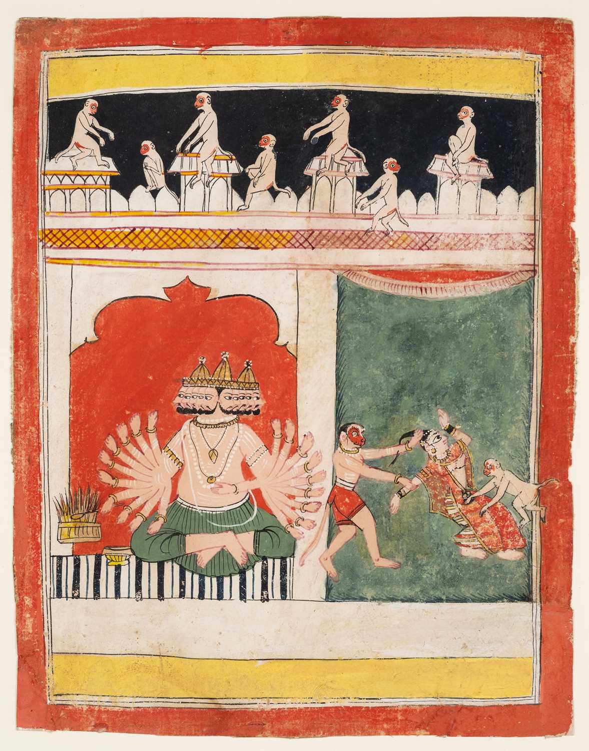 Lot 717 - A SCENE FROM THE RAMAYANA: THE MONKEY ARMY RESCUES SITA FROM RAVANA, MALWA, INDIA, 17TH CENTURY