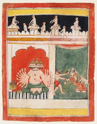 Lot 717 - A SCENE FROM THE RAMAYANA: THE MONKEY ARMY RESCUES SITA FROM RAVANA, MALWA, INDIA, 17TH CENTURY