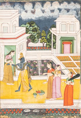 Lot 718 - KRISHNA IS LED INTO THE PALACE BY RADHA, DECCAN, SOUTHERN INDIA, 18TH CENTURY