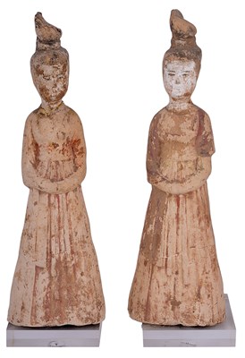 Lot 17 - A PAIR OF CHINESE POTTERY FIGURES OF FEMALE ATTENDANTS