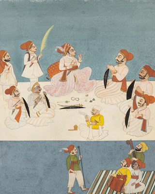 Lot 702 - A YOUNG PRINCE WITH HIS COURTIERS AND MUSICIANS, RAJASTHAN, INDIA, CIRCA 1800