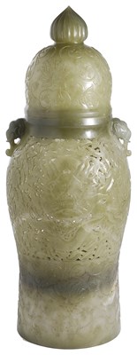 Lot 30 - A CHINESE MUGHAL STYLE CELADON JADE 'DRAGON' VASE AND COVER